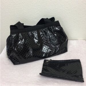 LeSportsac Black Nylon Patent Quilted Monogram Satchel With Pouch